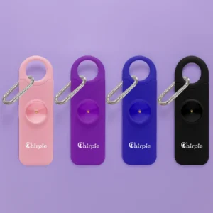 Chirpie Infinity Fusion personal safety alarm in purple, pink, blue and black