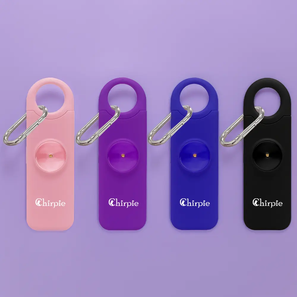 Chirpie Infinity Fusion personal safety alarm in purple, pink, blue and black