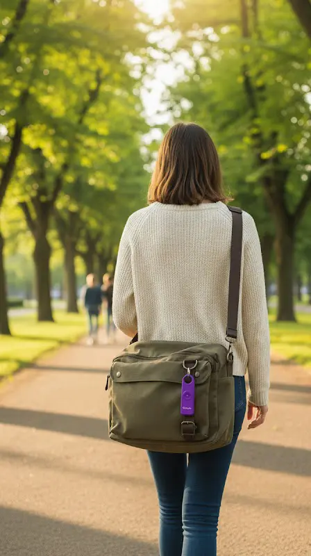 Woman walking in a park with Chirpie Infinity Fusion personal safety alarm clipped to her bag