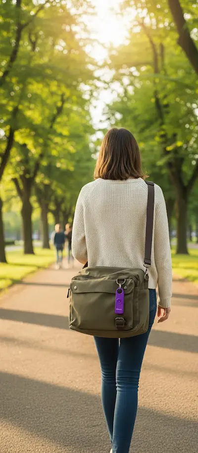 Woman walking in a park with Chirpie Infinity Fusion personal safety alarm clipped to her bag