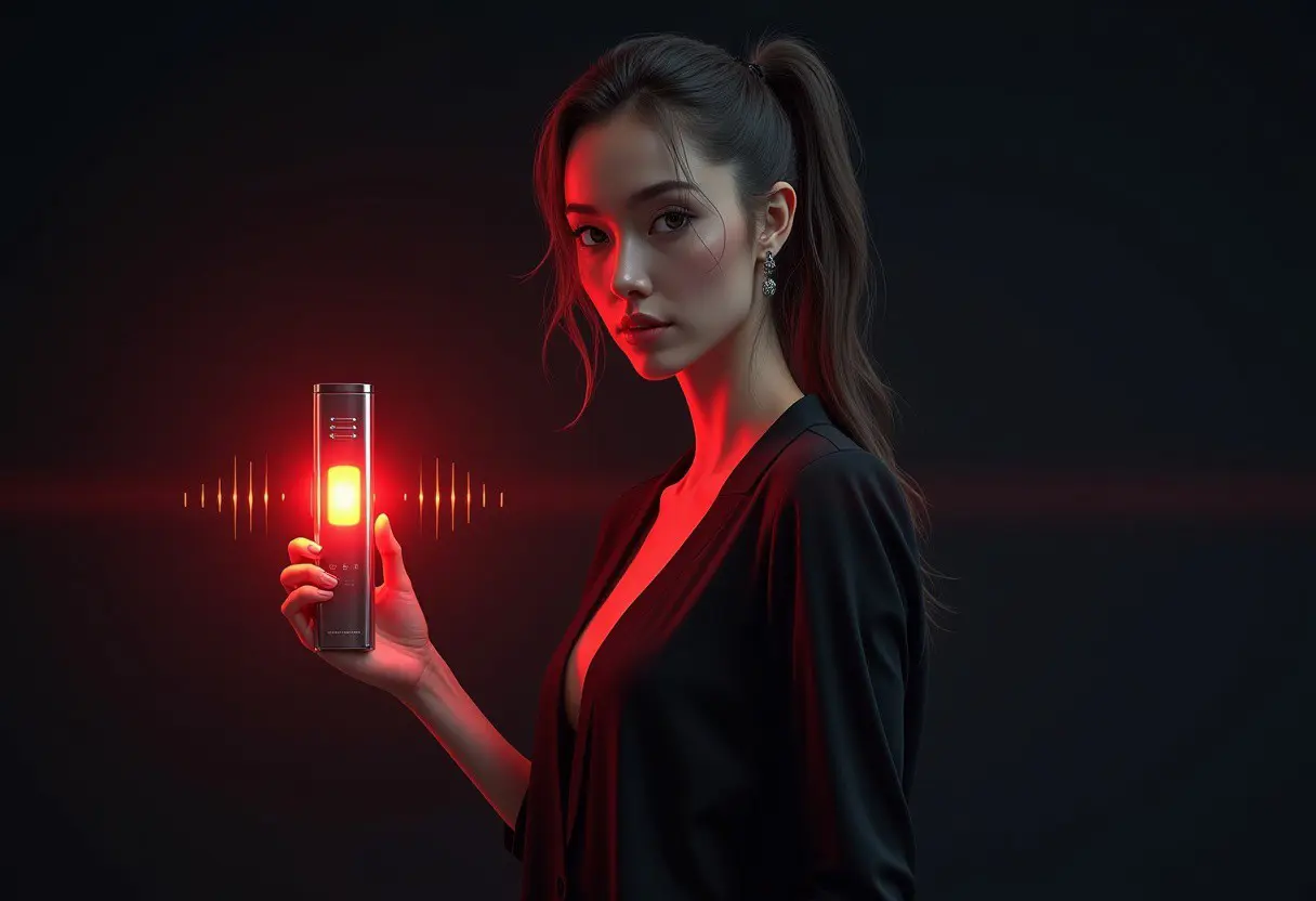 Woman holding a 130dB personal safety alarm with red strobe light activated